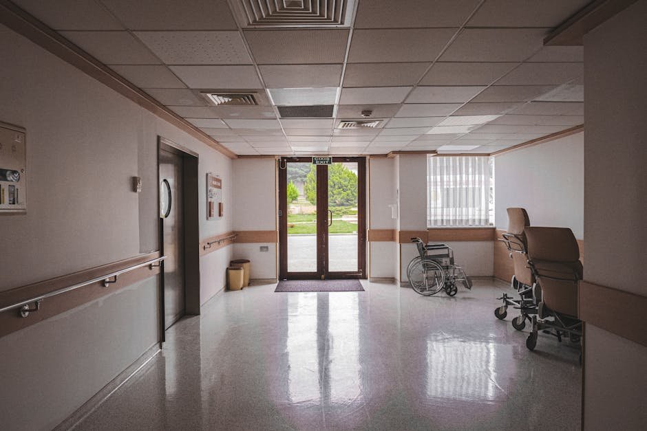 Hospital corridor with wheelchair, reflecting glass doors, and outdoor view. Ideal for healthcare themes.